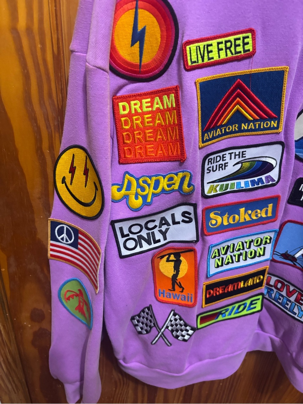 Aviator Nation Lavender Scoop Neck Sweatshirt with Multicolor Patches - Picture 3 of 8